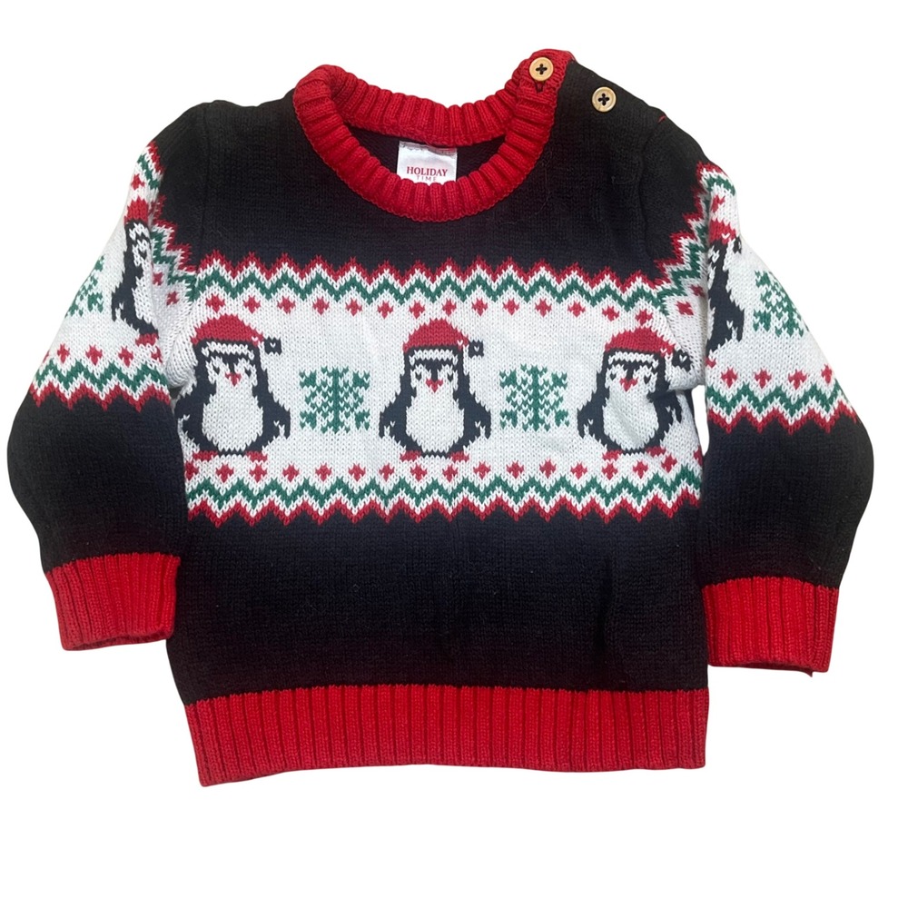 Holiday Time Black Red Christmas Infant Penguin Sweater Size 18M
